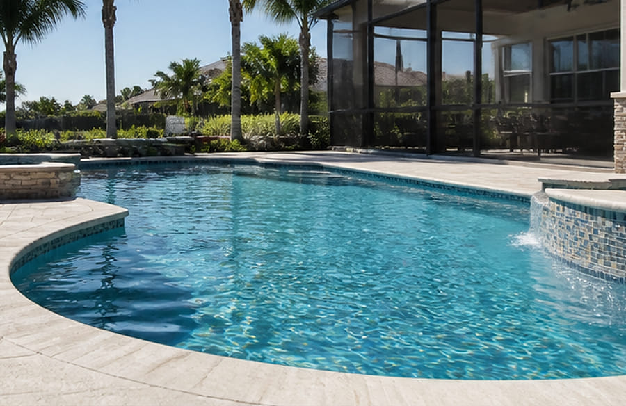The same pool after restoration with clear blue water and a bright new finish.